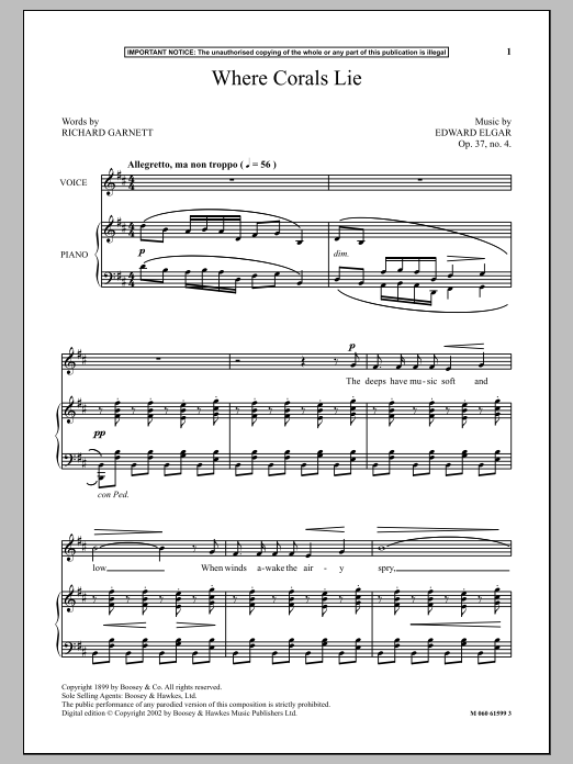 Download Edward Elgar Where Corals Lie Sheet Music and learn how to play Piano & Vocal PDF digital score in minutes