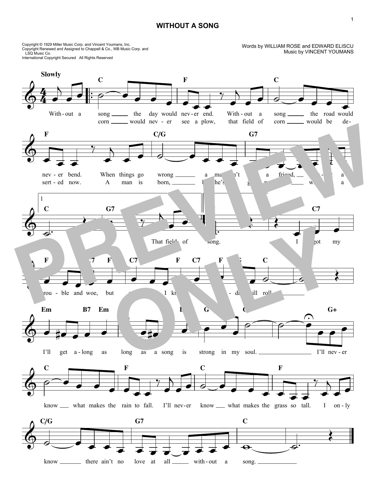 Download Edward Eliscu Without A Song Sheet Music and learn how to play Melody Line, Lyrics & Chords PDF digital score in minutes