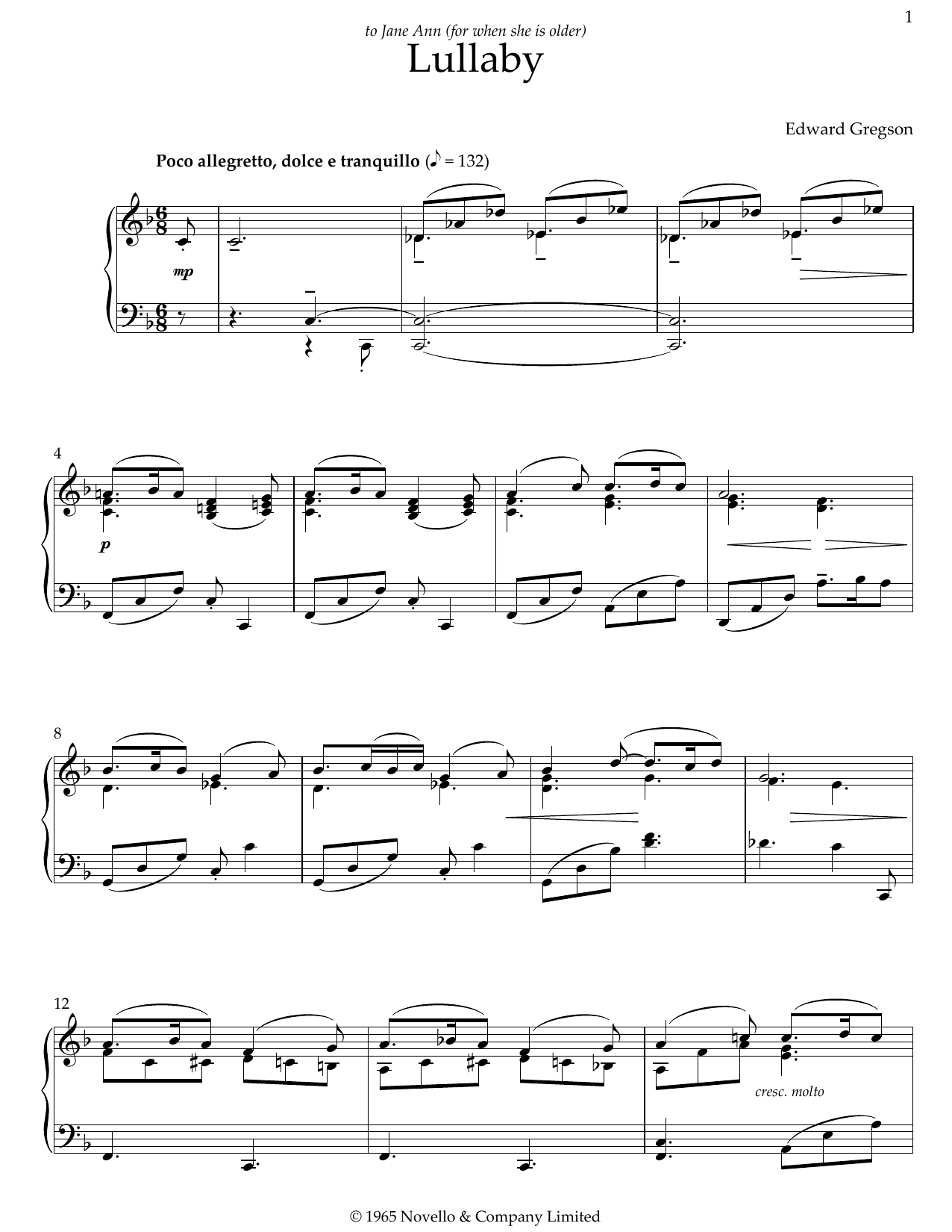 Download Edward Gregson Lullaby Sheet Music and learn how to play Piano Solo PDF digital score in minutes