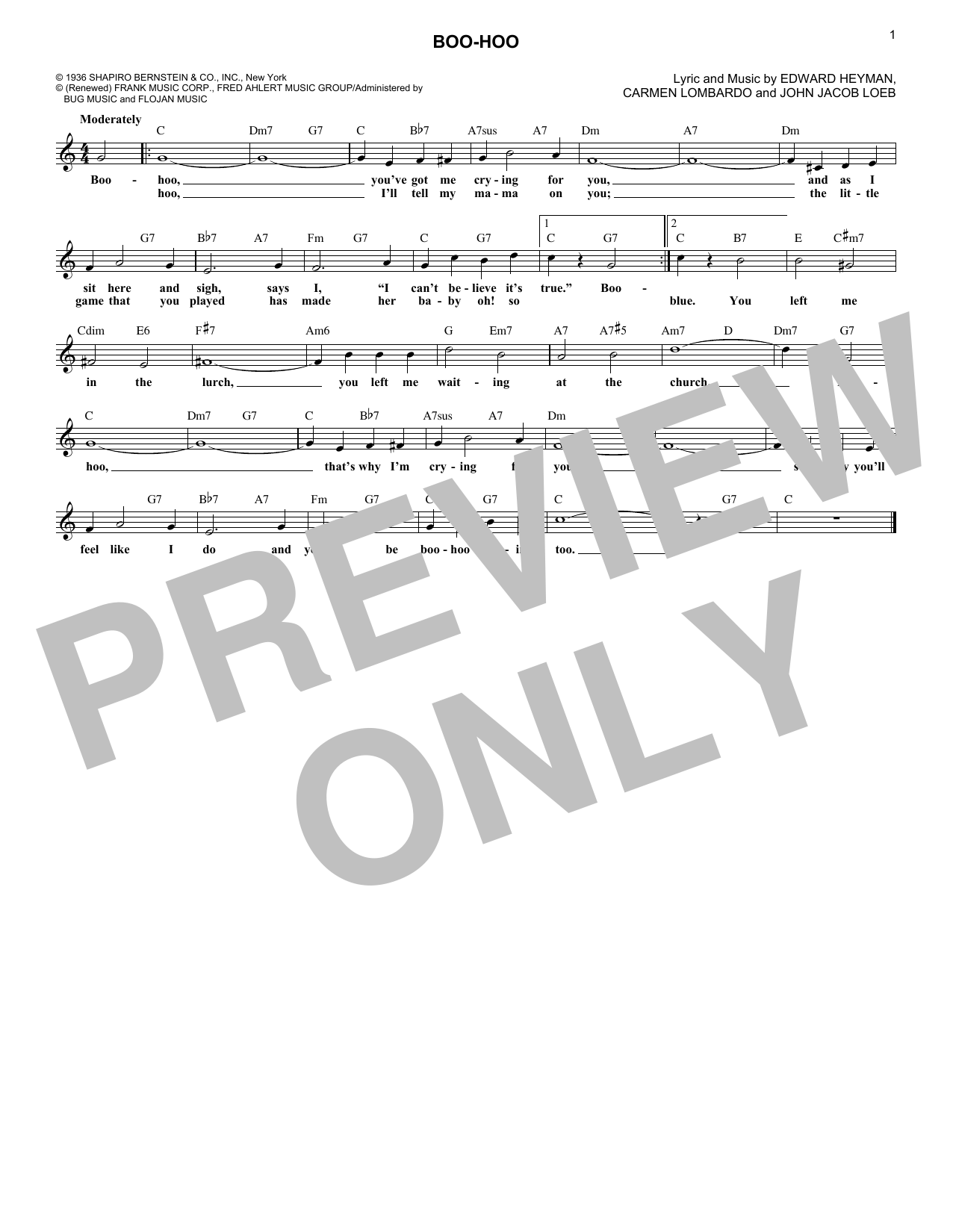 Download Edward Heyman Boo-Hoo Sheet Music and learn how to play Melody Line, Lyrics & Chords PDF digital score in minutes