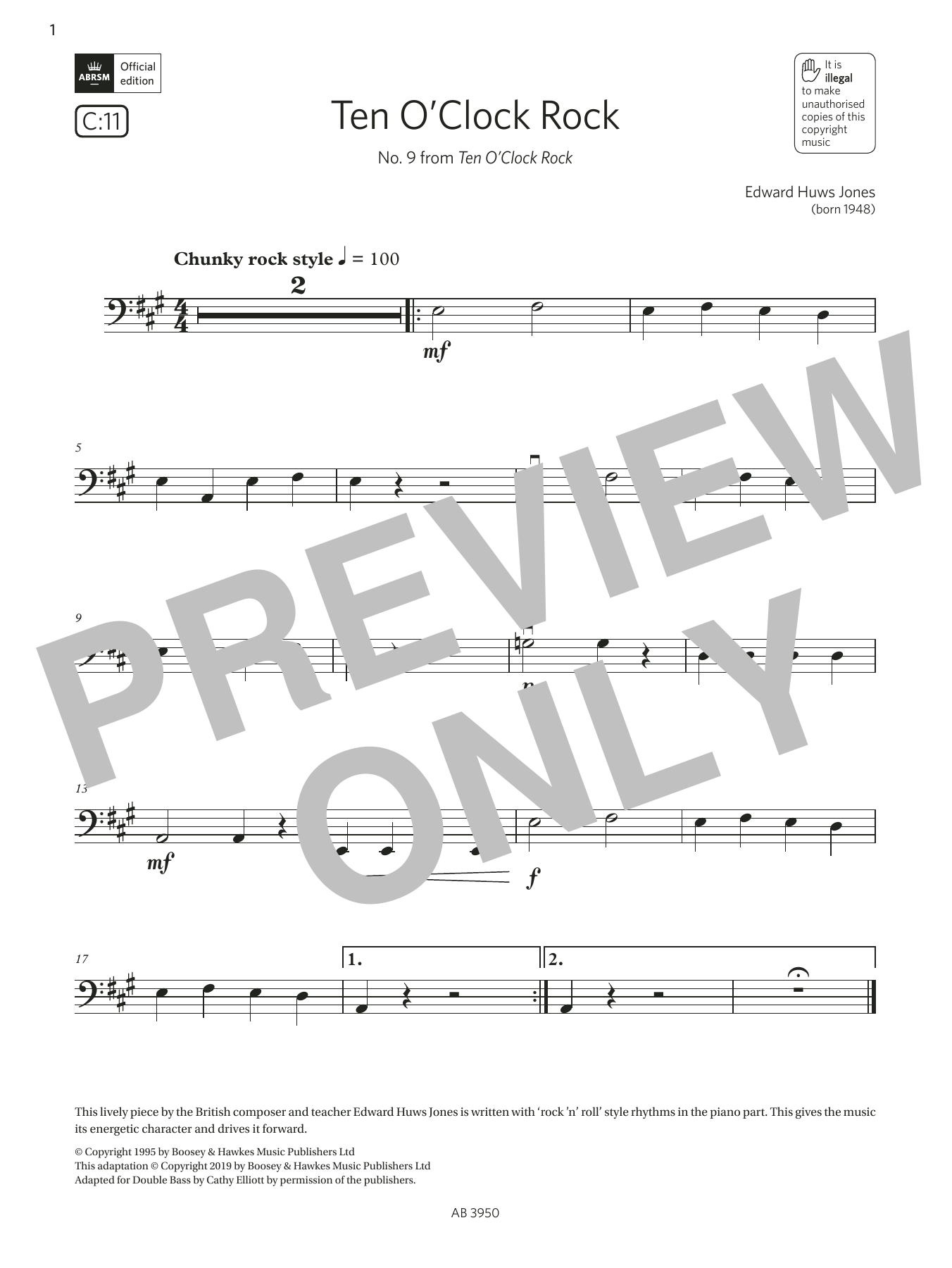 Download Edward Huws Jones 10 O'Clock Rock (Grade Initial, C11, from the ABRSM Double Bass Syllabus from 20 Sheet Music and learn how to play String Bass Solo PDF digital score in minutes