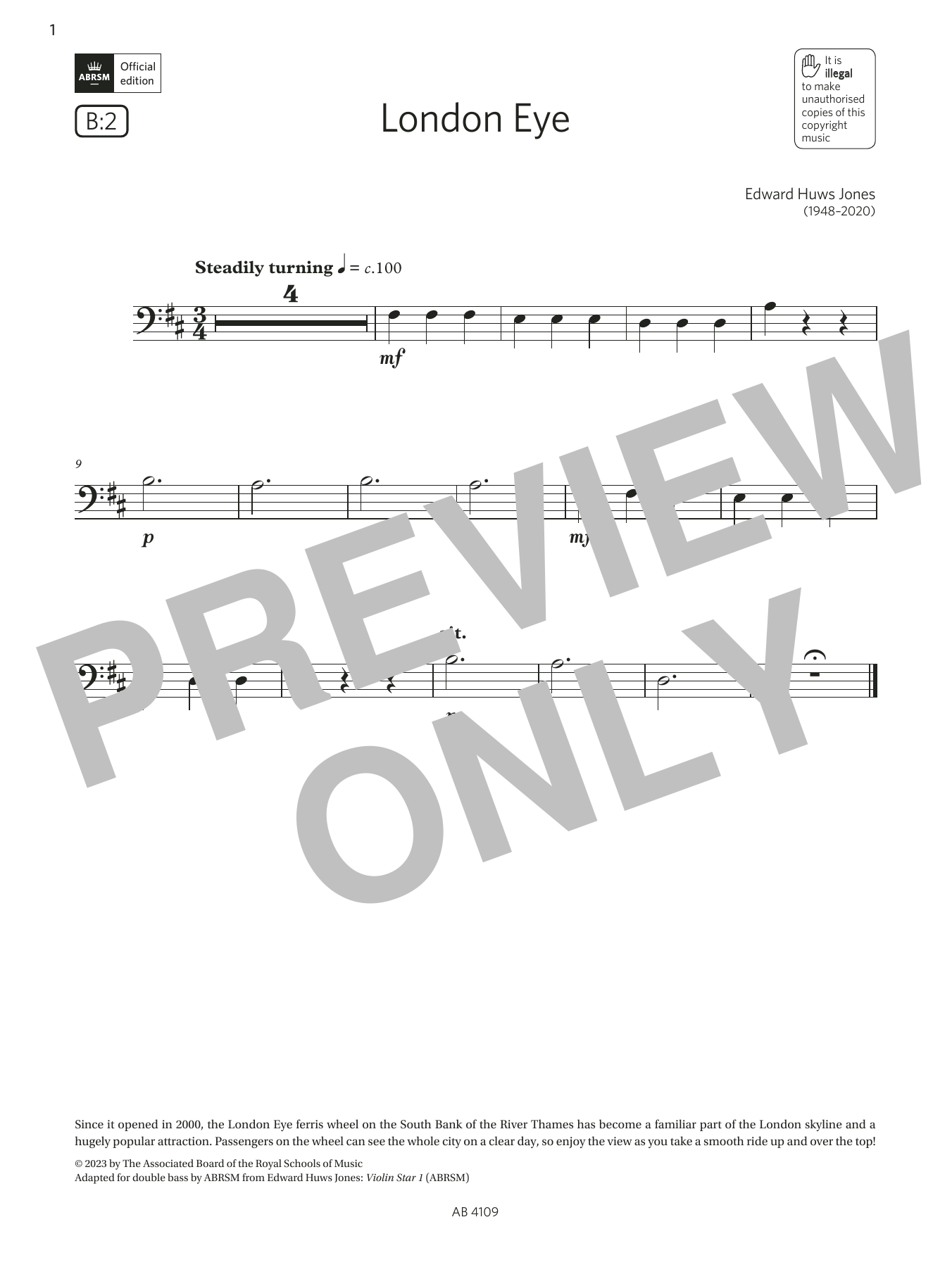 Download Edward Huws Jones London Eye (Grade Initial, B2, from the ABRSM Double Bass Syllabus from 2024) Sheet Music and learn how to play String Bass Solo PDF digital score in minutes