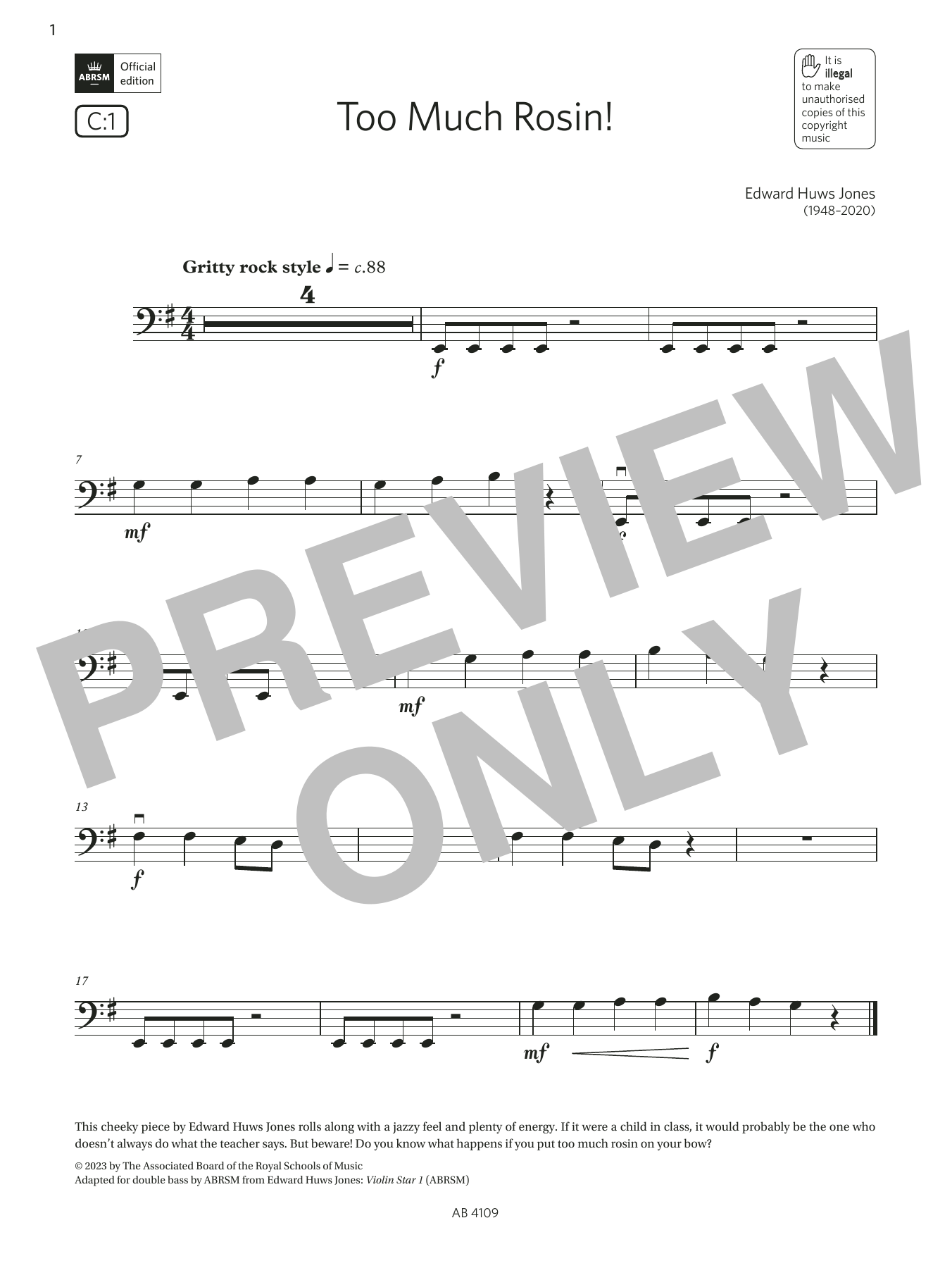 Download Edward Huws Jones Too Much Rosin! (Grade Initial, C1, from the ABRSM Double Bass Syllabus from 202 Sheet Music and learn how to play String Bass Solo PDF digital score in minutes