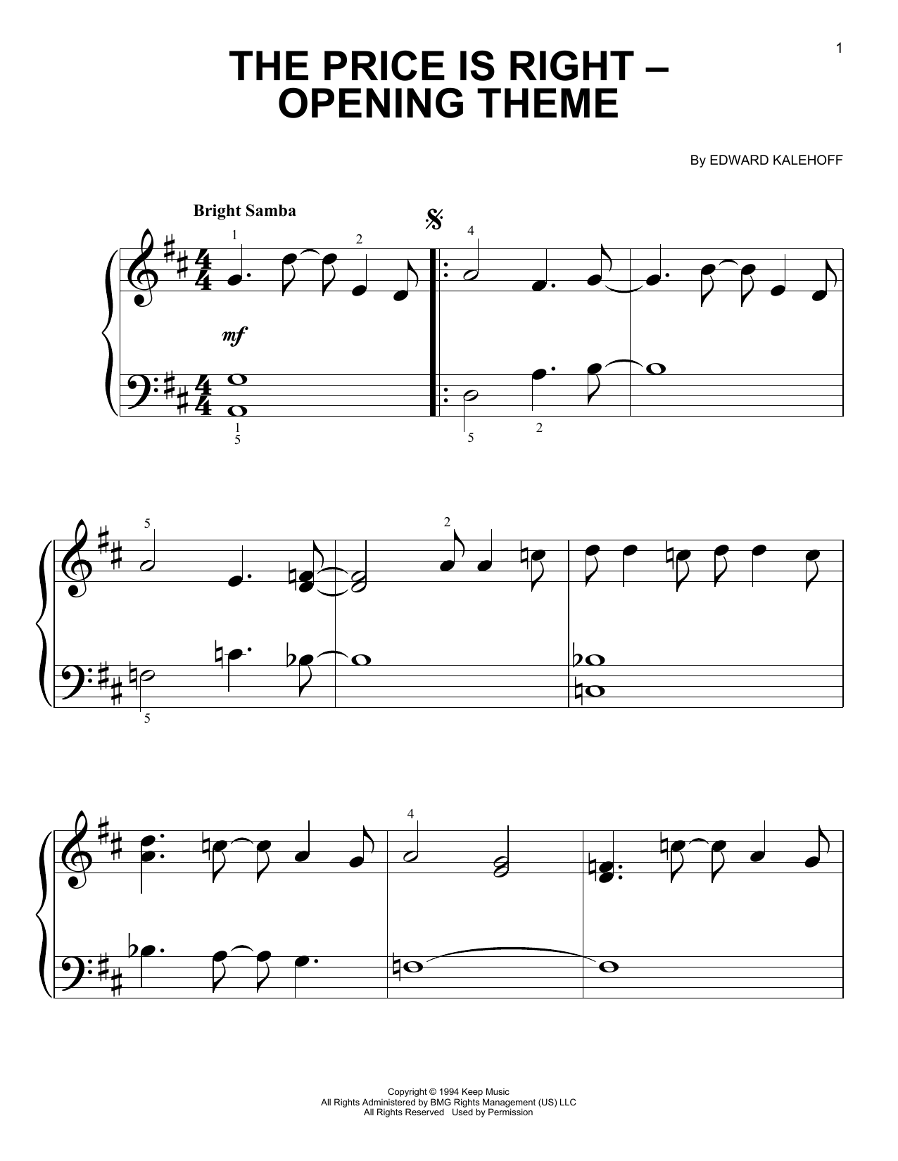 Download Edward Kalehoff Price Is Right - Opening Theme Sheet Music and learn how to play Big Note Piano PDF digital score in minutes