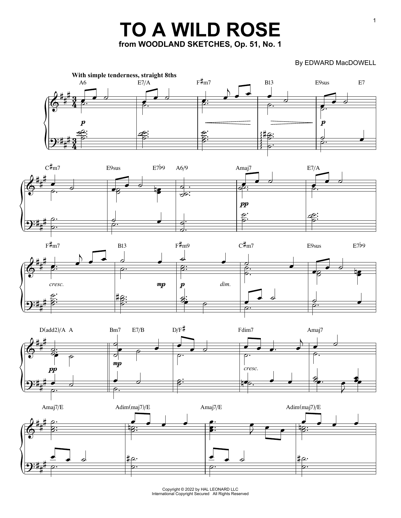 Download Edward MacDowell To A Wild Rose, Op. 51, No. 1 [Jazz version] (arr. Brent Edstrom) Sheet Music and learn how to play Piano Solo PDF digital score in minutes
