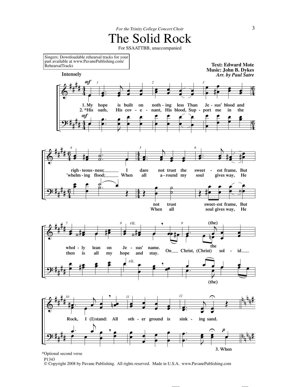 Download Edward Mote The Solid Rock (arr. Paul Satre) Sheet Music and learn how to play SATB Choir PDF digital score in minutes