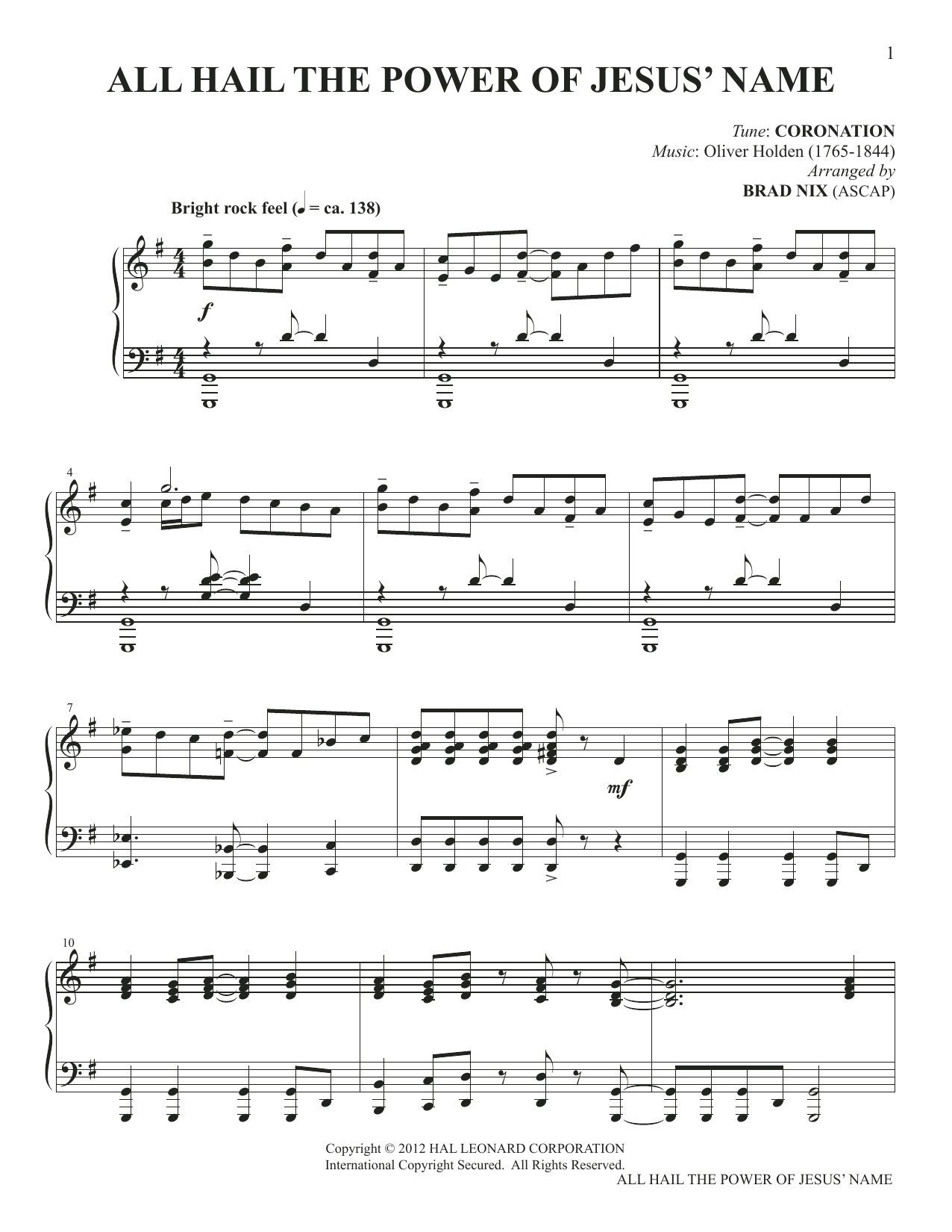 Download Edward Perronet and Oliver Holden All Hail The Power Of Jesus' Name (arr. Brad Nix) Sheet Music and learn how to play Piano Solo PDF digital score in minutes