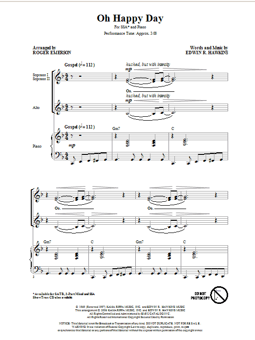 Download Edwin R. Hawkins Oh Happy Day (arr. Roger Emerson) Sheet Music and learn how to play SSA PDF digital score in minutes