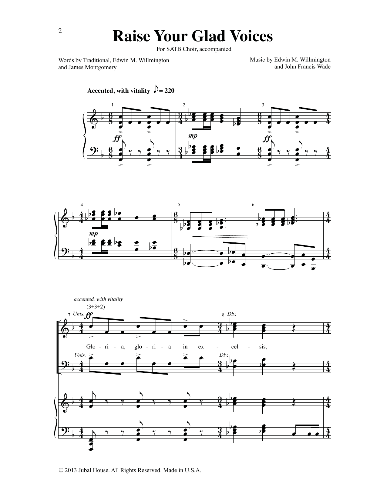 Download Edwin M. Willmington & John Francis Wade Raise Your Glad Voices Sheet Music and learn how to play SATB Choir PDF digital score in minutes