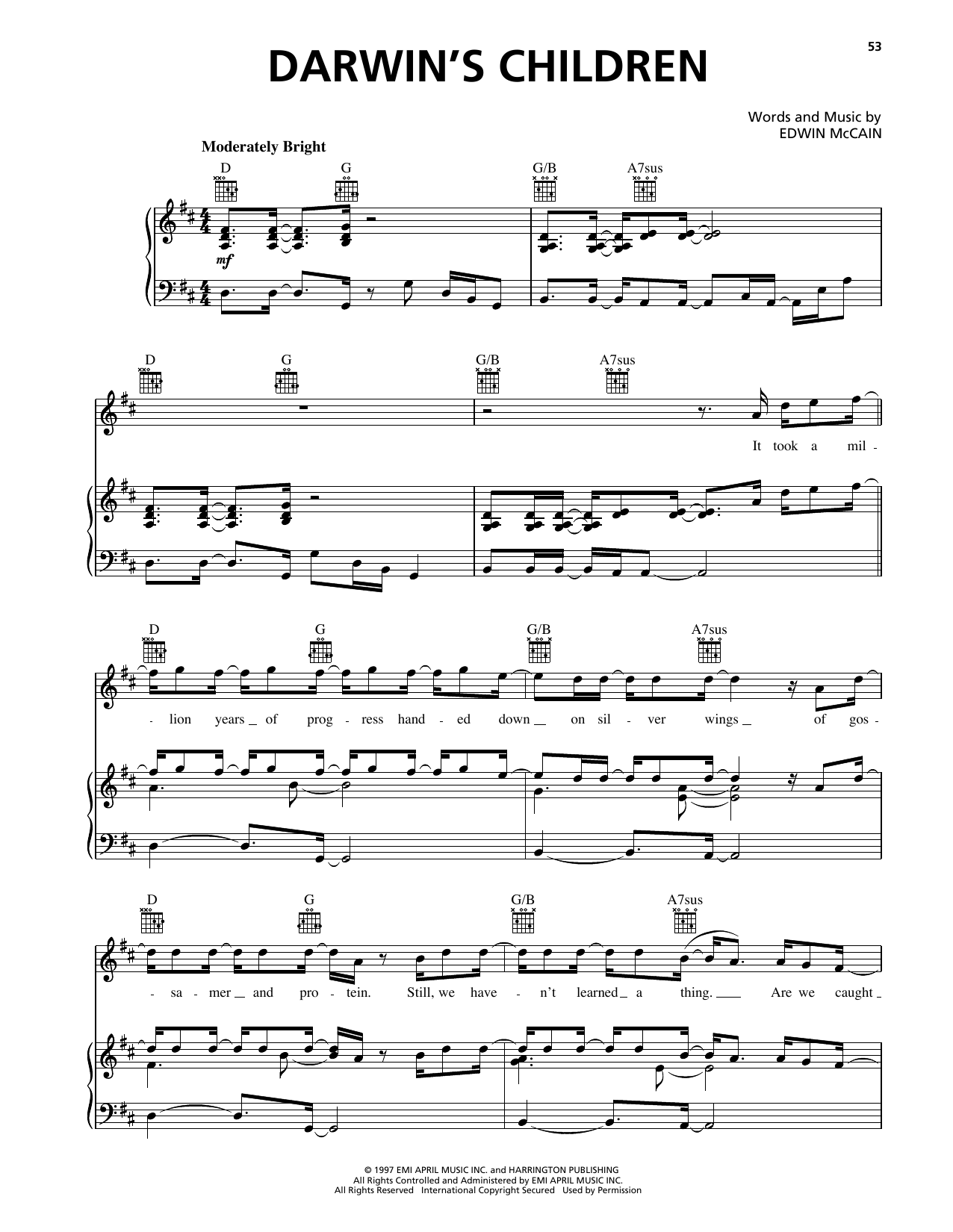 Download Edwin McCain Darwin's Children Sheet Music and learn how to play Piano, Vocal & Guitar Chords (Right-Hand Melody) PDF digital score in minutes