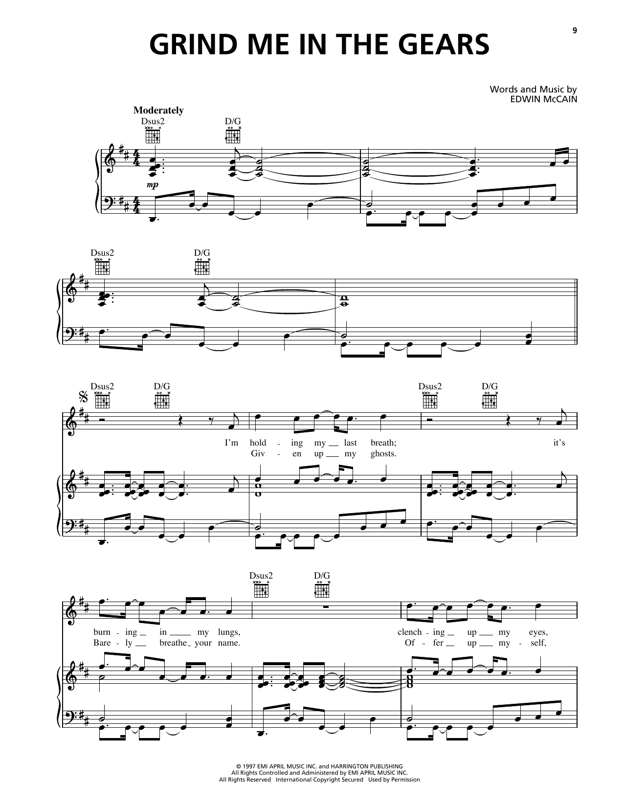 Download Edwin McCain Grind Me In The Gears Sheet Music and learn how to play Piano, Vocal & Guitar Chords (Right-Hand Melody) PDF digital score in minutes