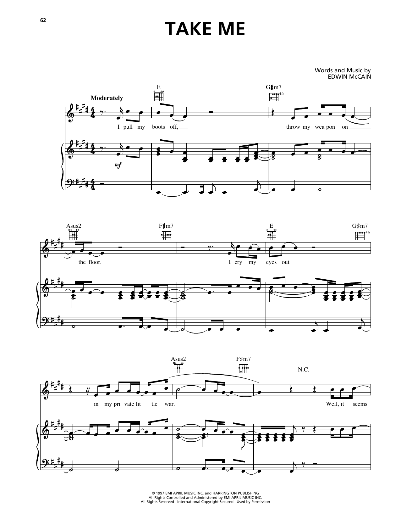 Download Edwin McCain Take Me Sheet Music and learn how to play Piano, Vocal & Guitar Chords (Right-Hand Melody) PDF digital score in minutes