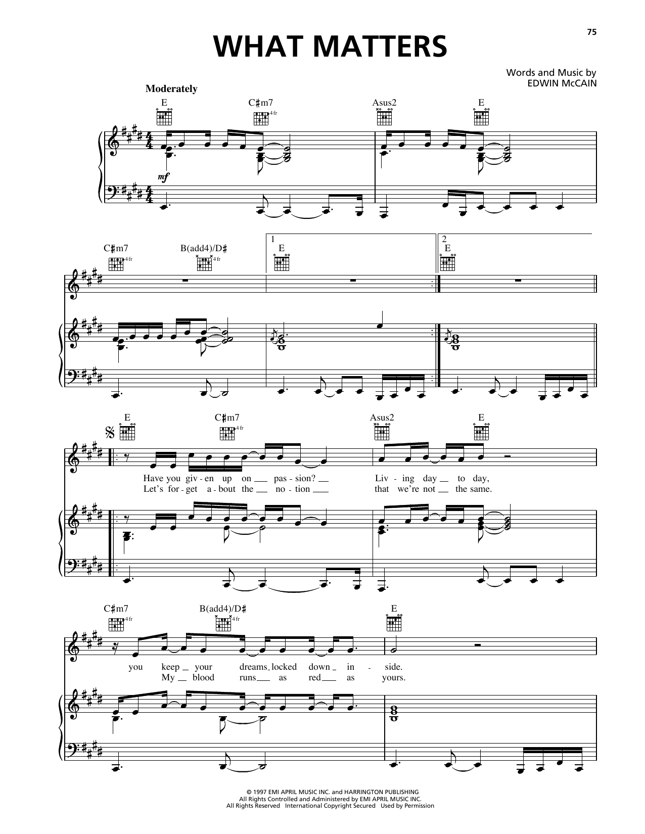 Download Edwin McCain What Matters Sheet Music and learn how to play Piano, Vocal & Guitar Chords (Right-Hand Melody) PDF digital score in minutes