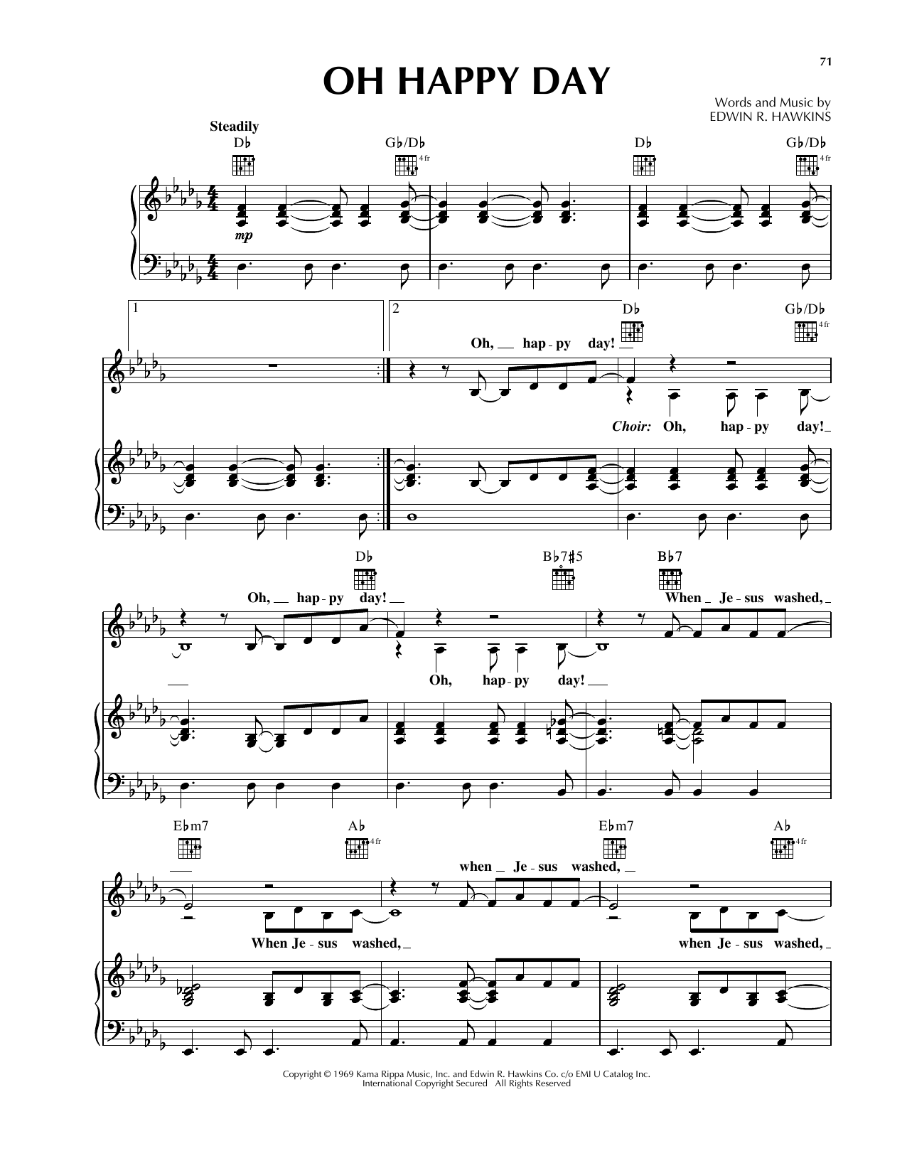 Download Edwin R. Hawkins Oh Happy Day Sheet Music and learn how to play Piano, Vocal & Guitar Chords (Right-Hand Melody) PDF digital score in minutes