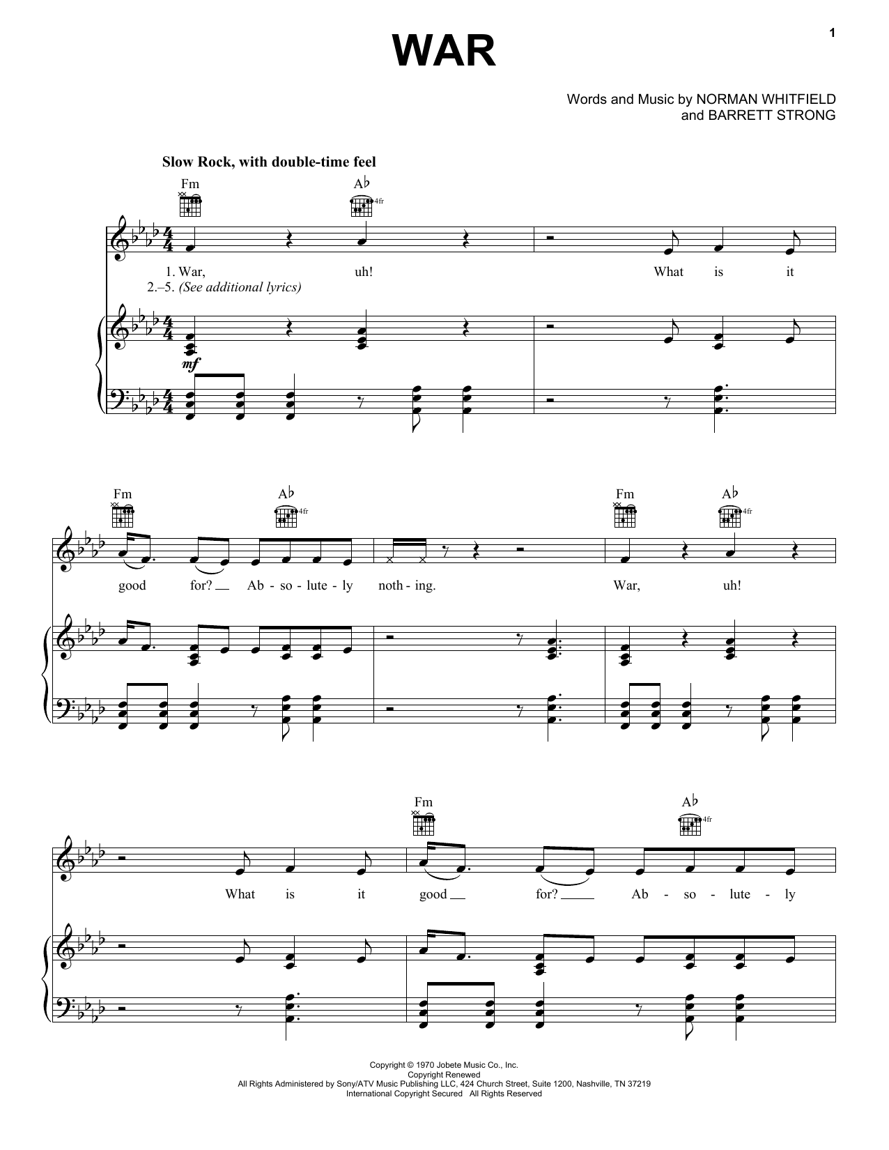 Download Edwin Starr War Sheet Music and learn how to play Melody Line, Lyrics & Chords PDF digital score in minutes