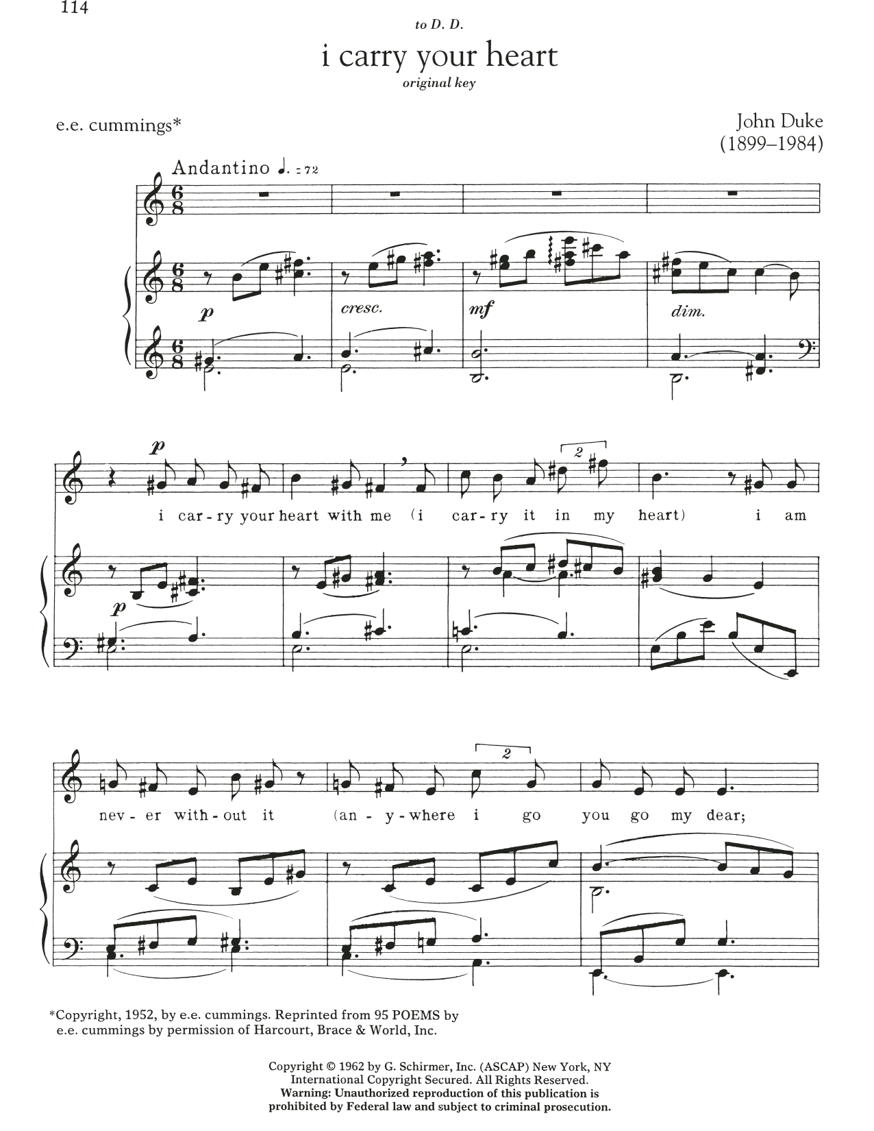 Download E.E. Cummings I Carry Your Heart Sheet Music and learn how to play Piano & Vocal PDF digital score in minutes