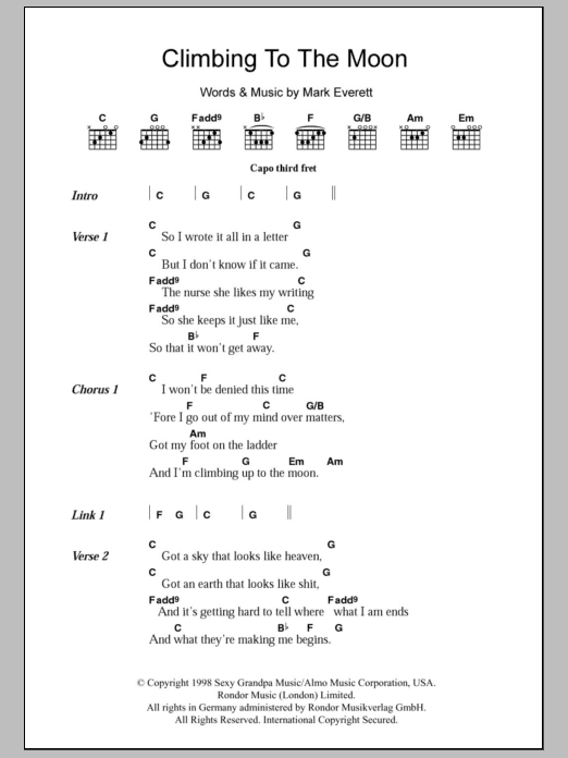 Download Eels Climbing To The Moon Sheet Music and learn how to play Lyrics & Chords PDF digital score in minutes