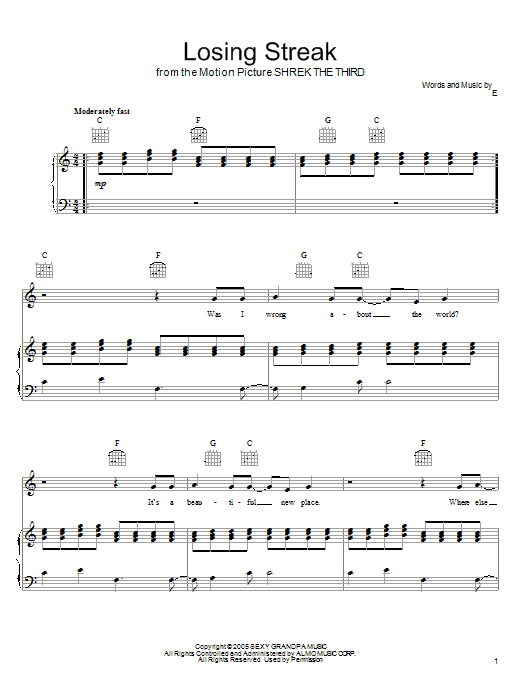 Download Eels Losing Streak Sheet Music and learn how to play Piano, Vocal & Guitar (Right-Hand Melody) PDF digital score in minutes