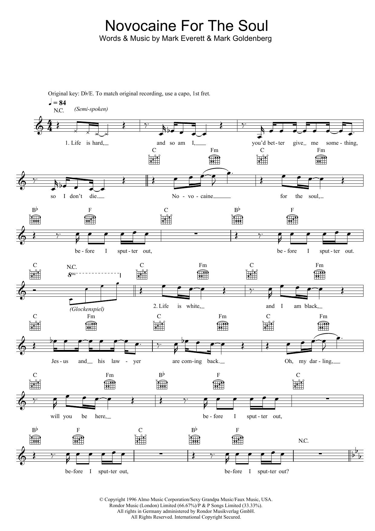 Download Eels Novocaine For The Soul Sheet Music and learn how to play Melody Line, Lyrics & Chords PDF digital score in minutes