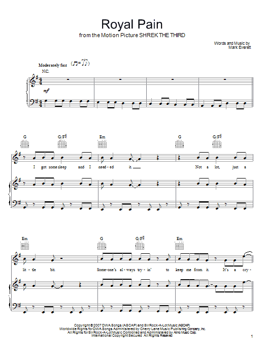Download Eels Royal Pain Sheet Music and learn how to play Piano, Vocal & Guitar (Right-Hand Melody) PDF digital score in minutes