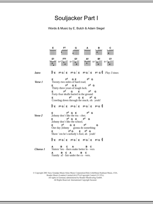 Download Eels Souljacker Part I Sheet Music and learn how to play Lyrics & Chords PDF digital score in minutes