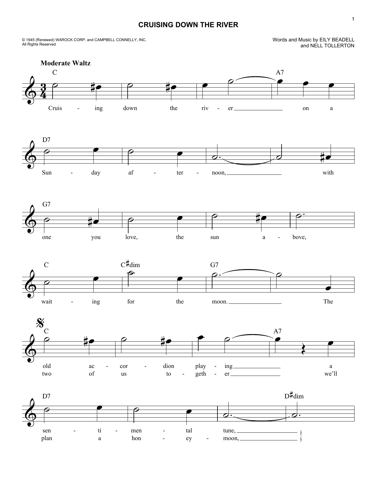 Download Eily Beadell Cruising Down The River Sheet Music and learn how to play Melody Line, Lyrics & Chords PDF digital score in minutes