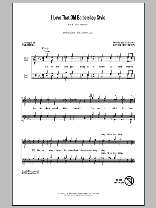 Download Val Hicks I Love That Old Barbershop Style Sheet Music and learn how to play TTBB PDF digital score in minutes
