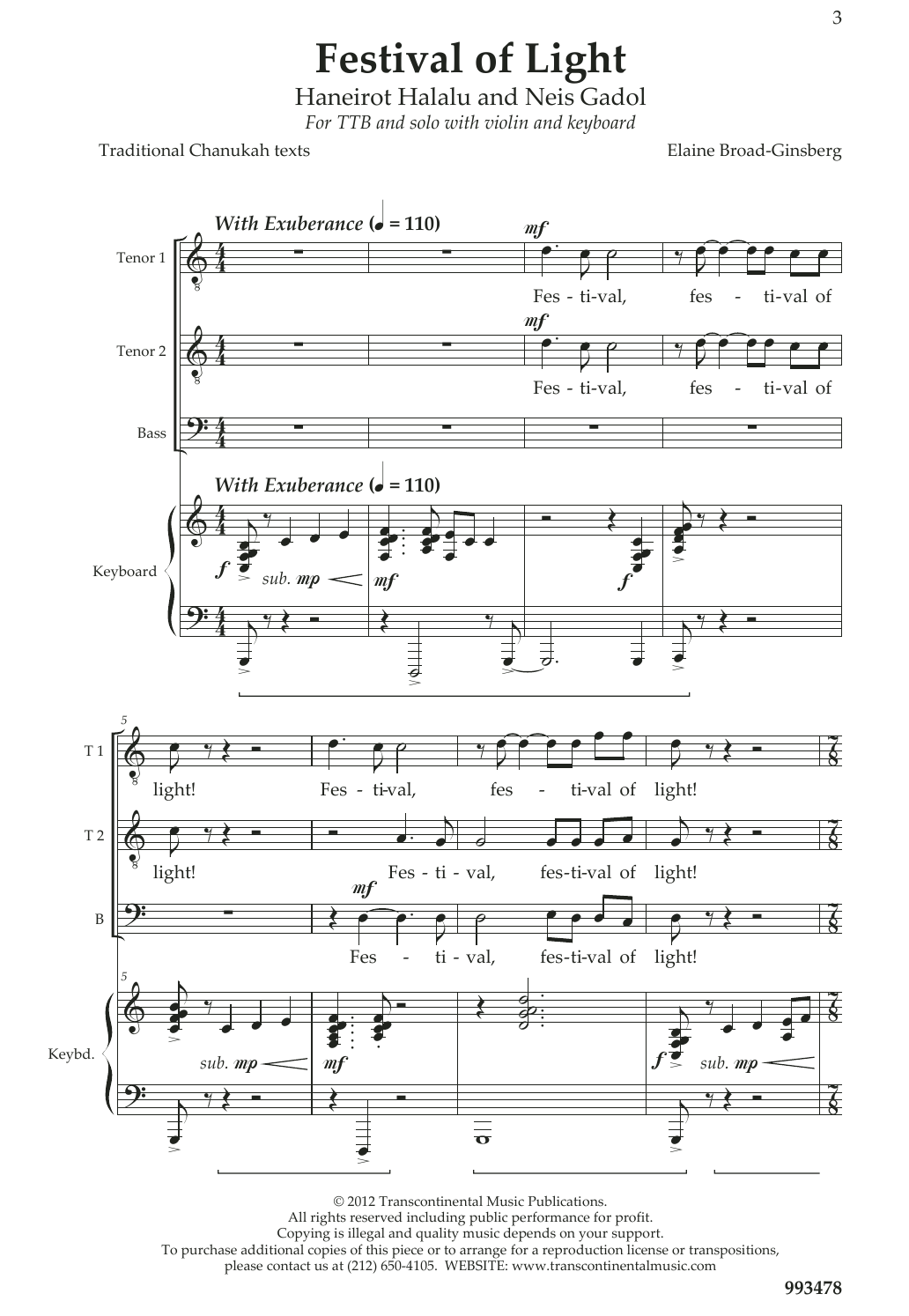 Download Elaine Broad-Ginsberg Festival Of Light Sheet Music and learn how to play TTB Choir PDF digital score in minutes