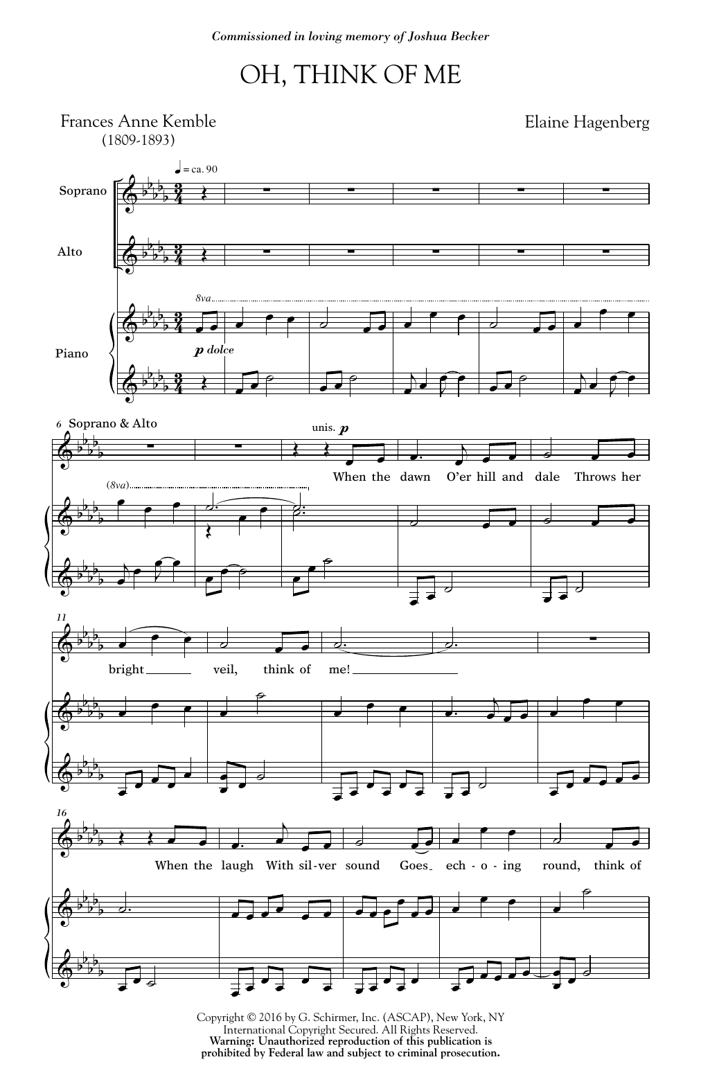 Download Elaine Hagenberg Oh, Think Of Me Sheet Music and learn how to play SSA PDF digital score in minutes
