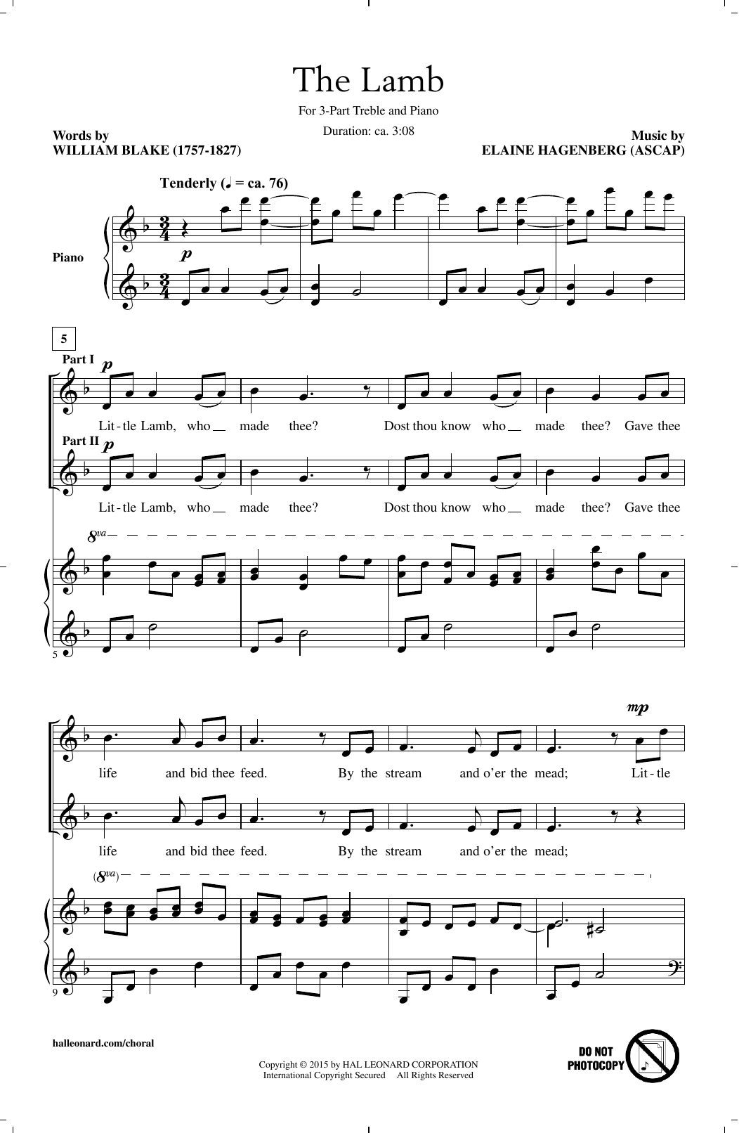 Download Elaine Hagenberg The Lamb Sheet Music and learn how to play 3-Part Treble PDF digital score in minutes