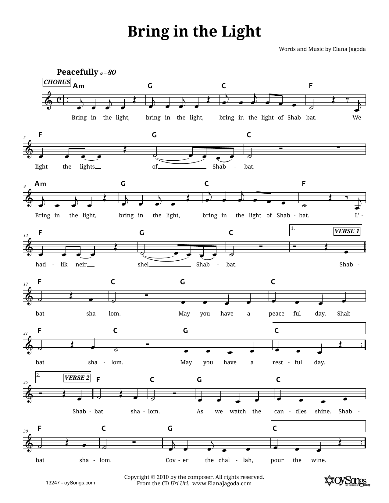 Download Elana Jagoda Bring In the Light Sheet Music and learn how to play Melody Line, Lyrics & Chords PDF digital score in minutes