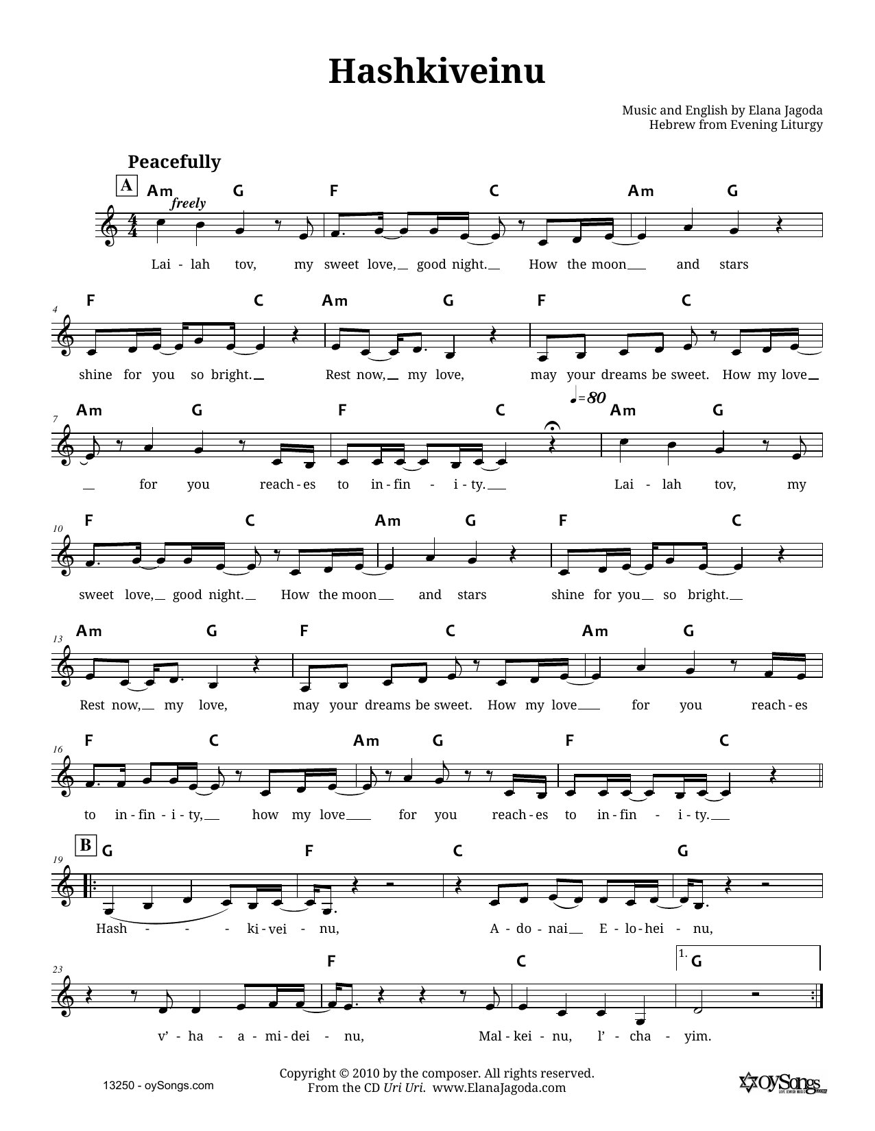 Download Elana Jagoda Hashkiveinu Sheet Music and learn how to play Melody Line, Lyrics & Chords PDF digital score in minutes