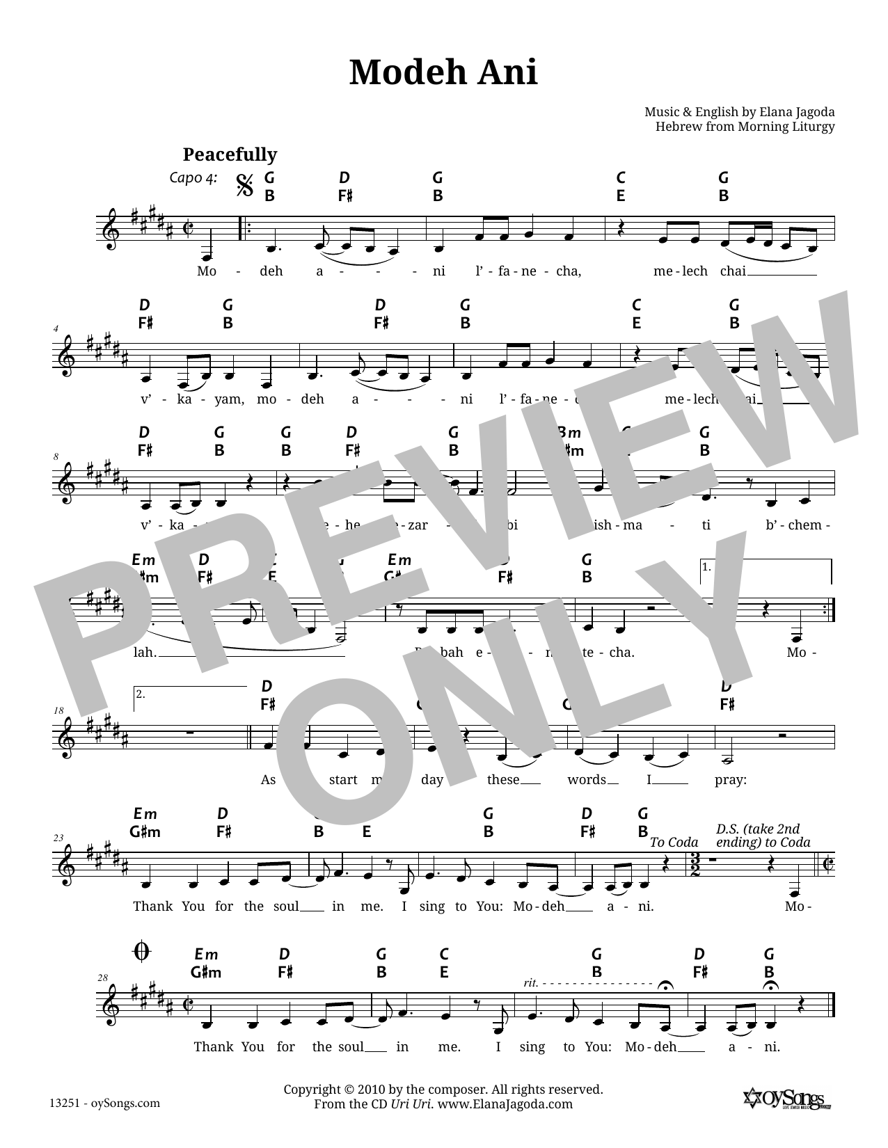 Download Elana Jagoda Modeh Ani Sheet Music and learn how to play Melody Line, Lyrics & Chords PDF digital score in minutes