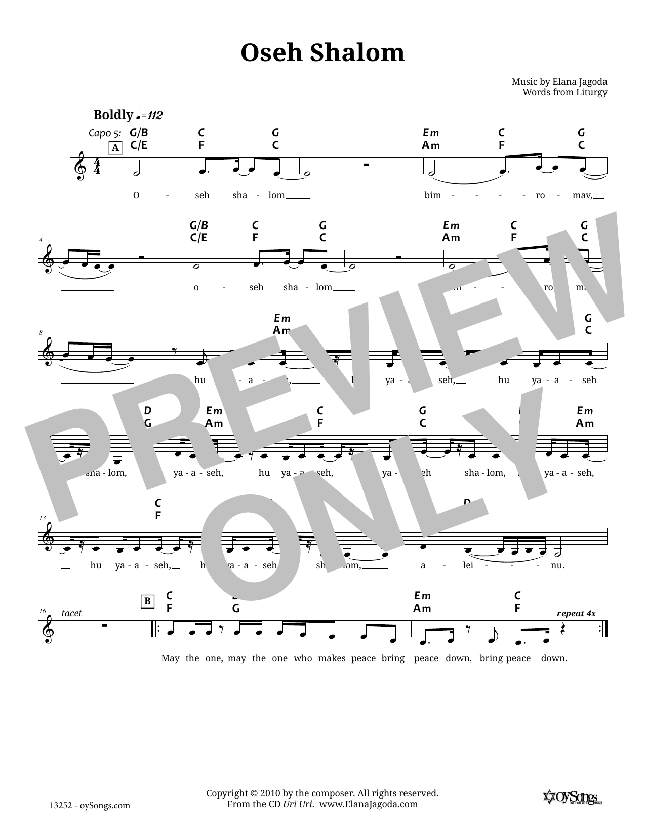 Download Elana Jagoda Oseh Shalom Sheet Music and learn how to play Melody Line, Lyrics & Chords PDF digital score in minutes