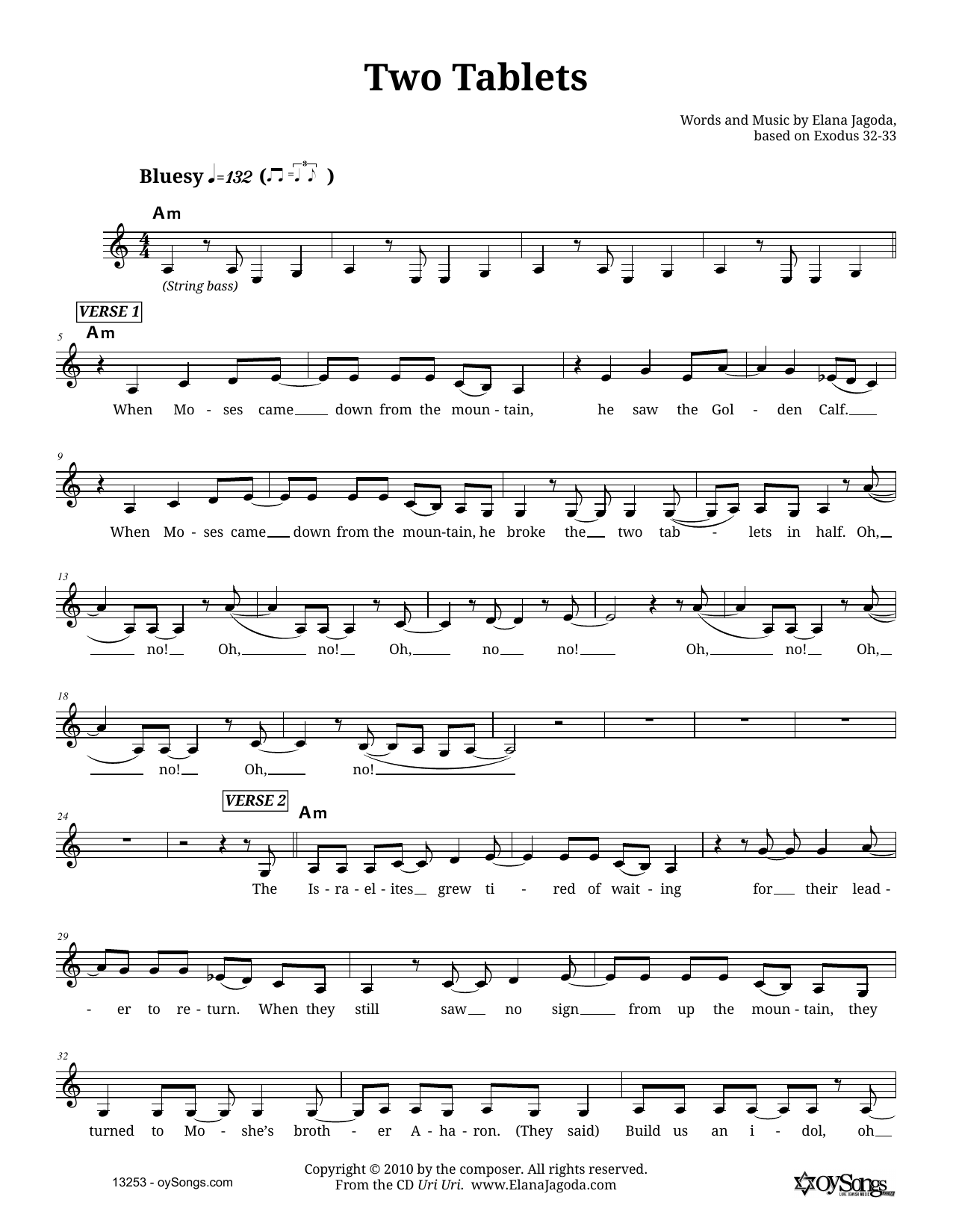 Download Elana Jagoda Two Tablets Sheet Music and learn how to play Melody Line, Lyrics & Chords PDF digital score in minutes