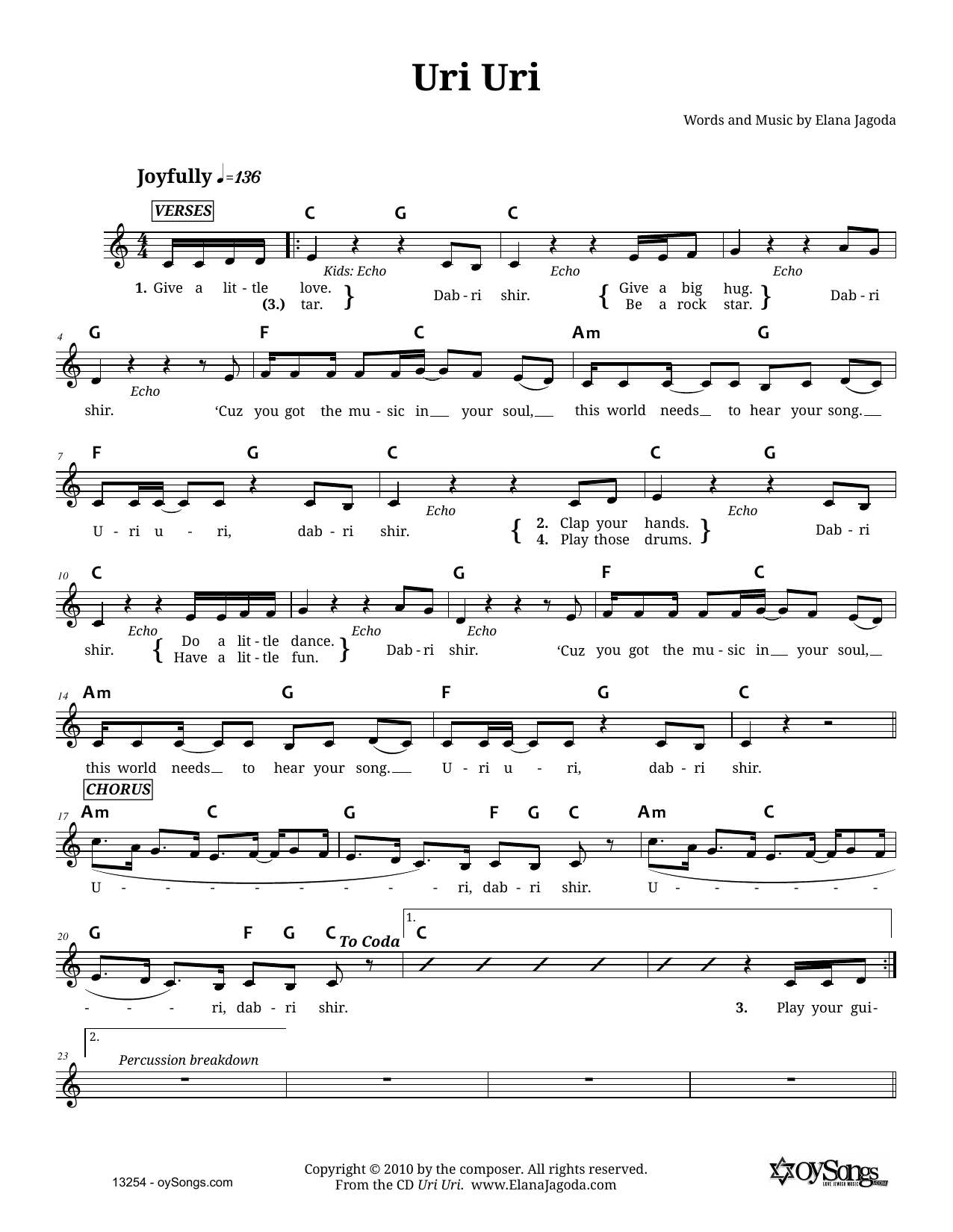 Download Elana Jagoda Uri Uri Sheet Music and learn how to play Melody Line, Lyrics & Chords PDF digital score in minutes