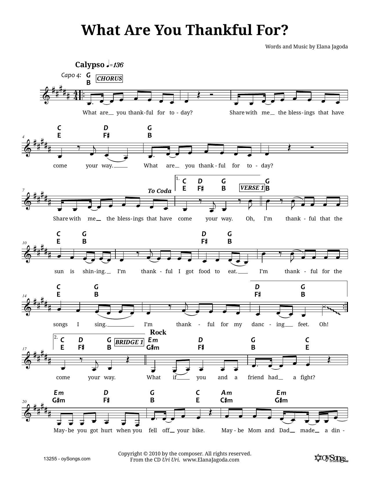 Download Elana Jagoda What Are You Thankful For? Sheet Music and learn how to play Melody Line, Lyrics & Chords PDF digital score in minutes