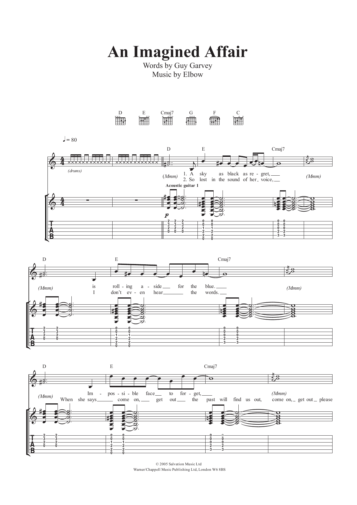 Download Elbow An Imagined Affair Sheet Music and learn how to play Guitar Tab PDF digital score in minutes