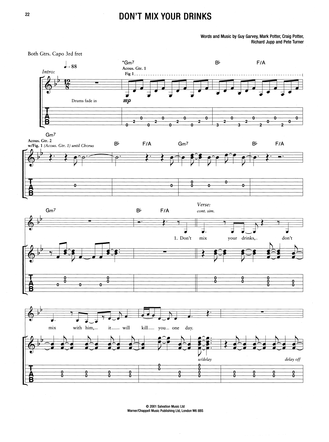 Download Elbow Don't Mix Your Drinks Sheet Music and learn how to play Guitar Tab PDF digital score in minutes