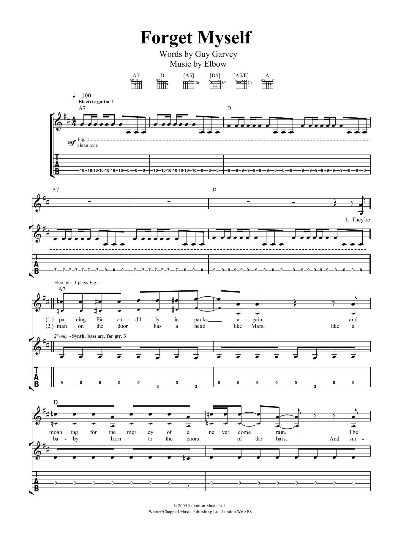 Download Elbow Forget Myself Sheet Music and learn how to play Guitar Tab PDF digital score in minutes