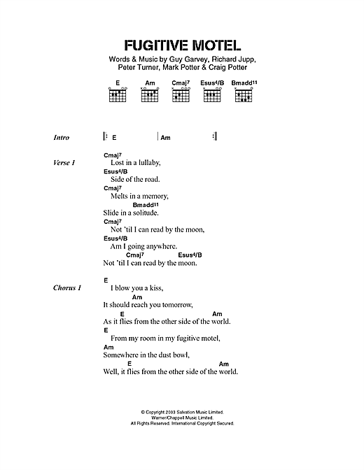 Download Elbow Fugitive Motel Sheet Music and learn how to play Lyrics & Chords PDF digital score in minutes