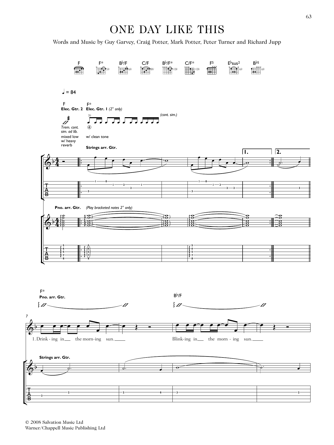 Download Elbow One Day Like This Sheet Music and learn how to play Guitar Tab PDF digital score in minutes