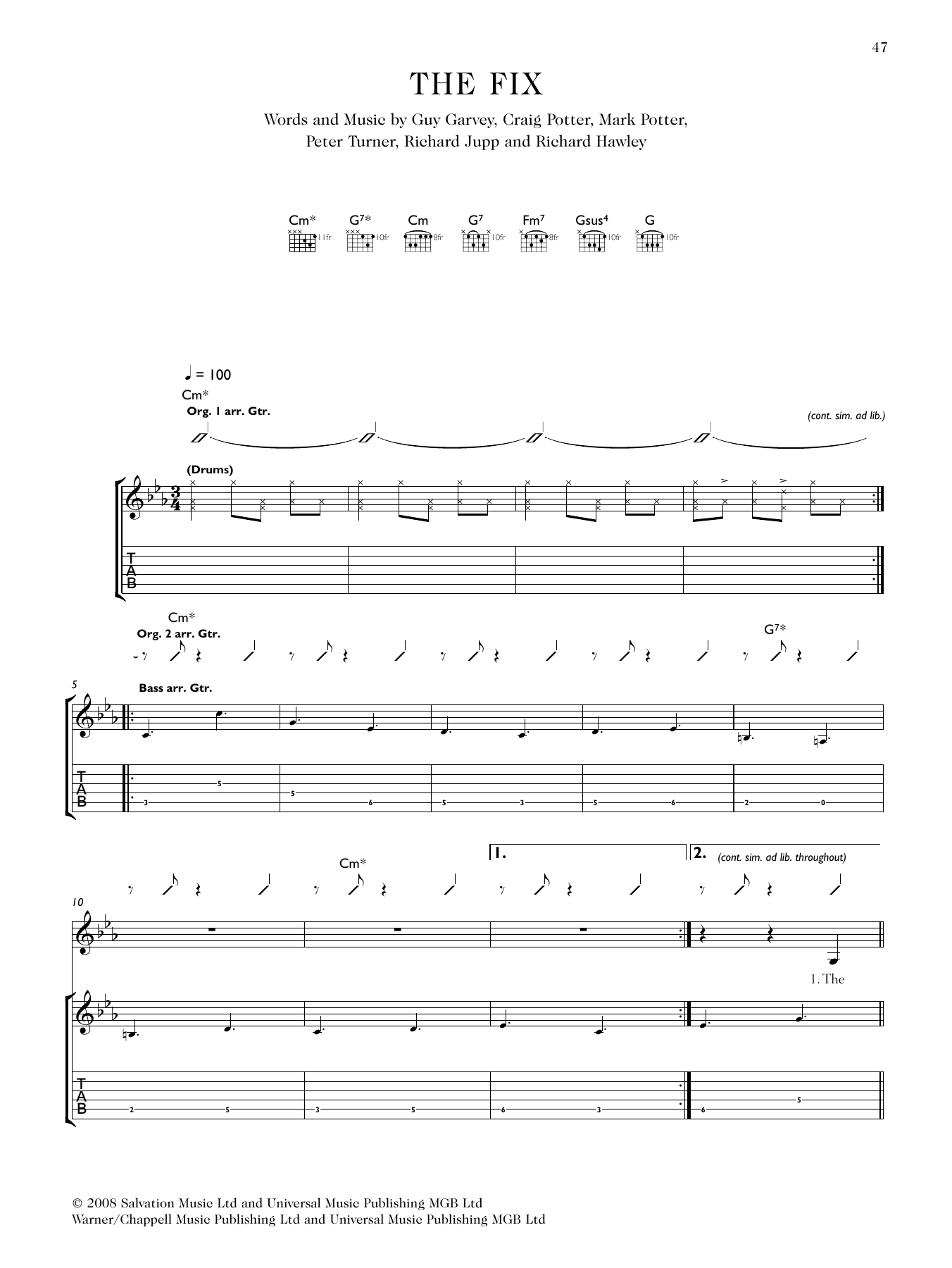 Download Elbow The Fix (featuring Richard Hawley) Sheet Music and learn how to play Guitar Tab PDF digital score in minutes