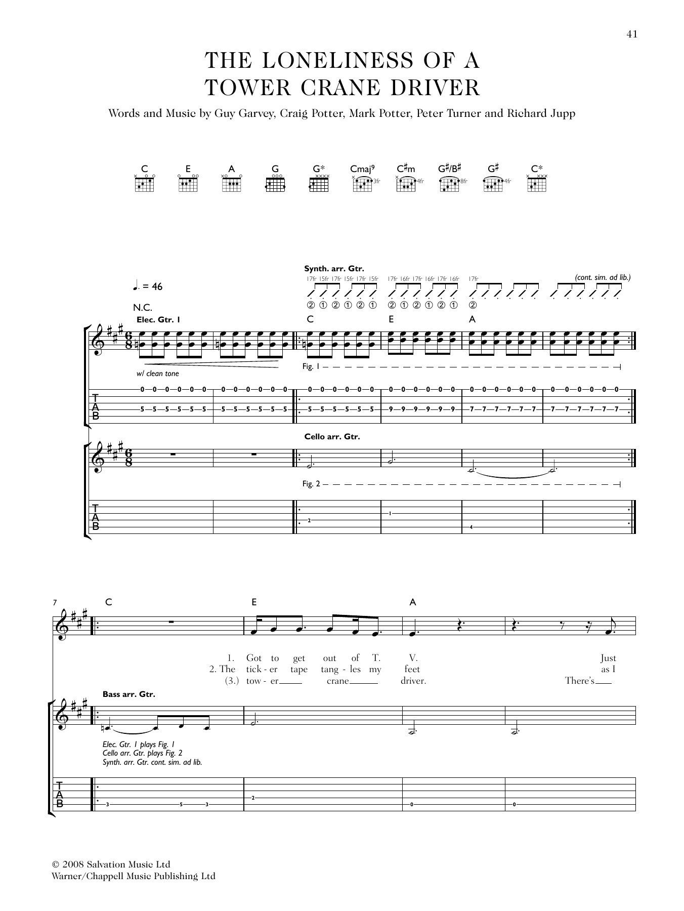Download Elbow The Loneliness Of A Tower Crane Driver Sheet Music and learn how to play Guitar Tab PDF digital score in minutes