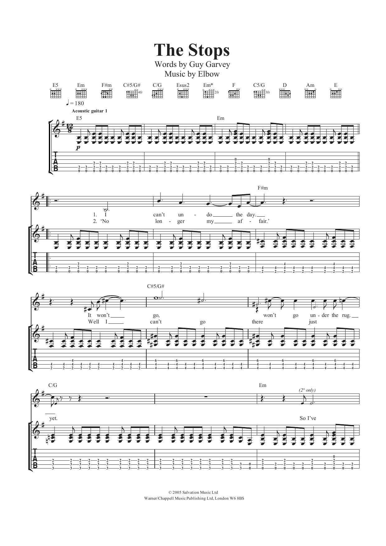 Download Elbow The Stops Sheet Music and learn how to play Guitar Tab PDF digital score in minutes