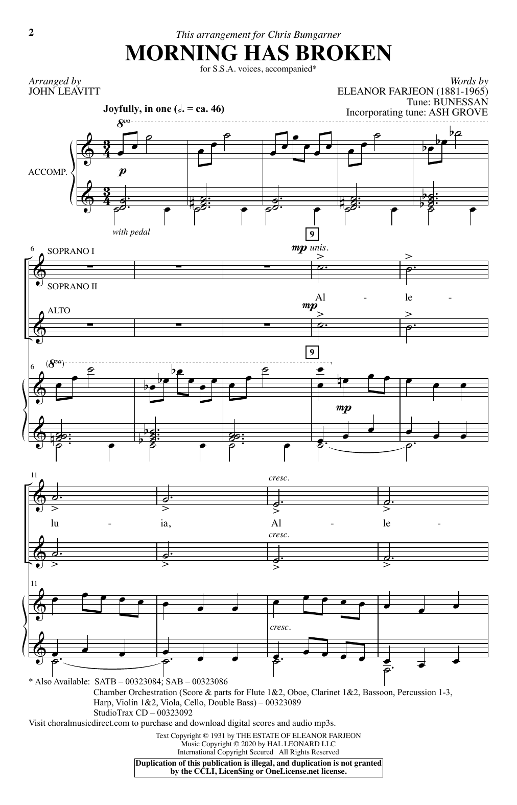 Download Eleanor Farjeon Morning Has Broken (New Edition) (arr. John Leavitt) Sheet Music and learn how to play SSA Choir PDF digital score in minutes