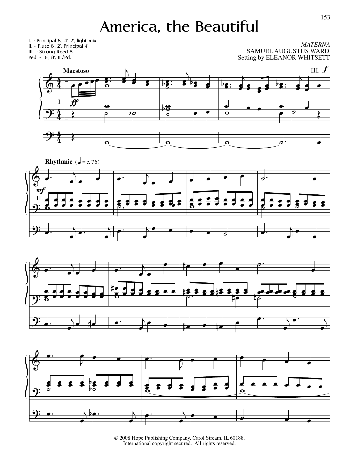 Download Eleanor Whitsett America, the Beautiful Sheet Music and learn how to play Organ PDF digital score in minutes