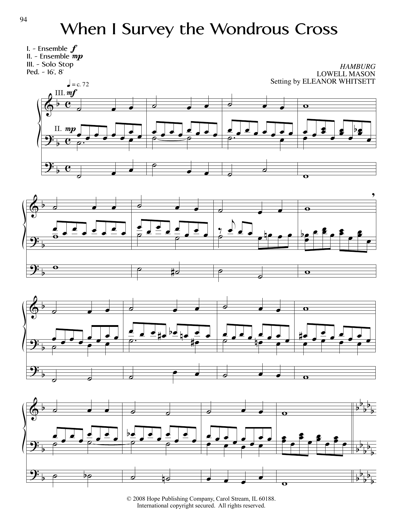 Download Eleanor Whitsett When I Survey the Wondrous Cross Sheet Music and learn how to play Organ PDF digital score in minutes
