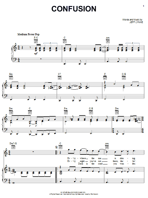 Download Electric Light Orchestra Confusion Sheet Music and learn how to play Piano, Vocal & Guitar (Right-Hand Melody) PDF digital score in minutes