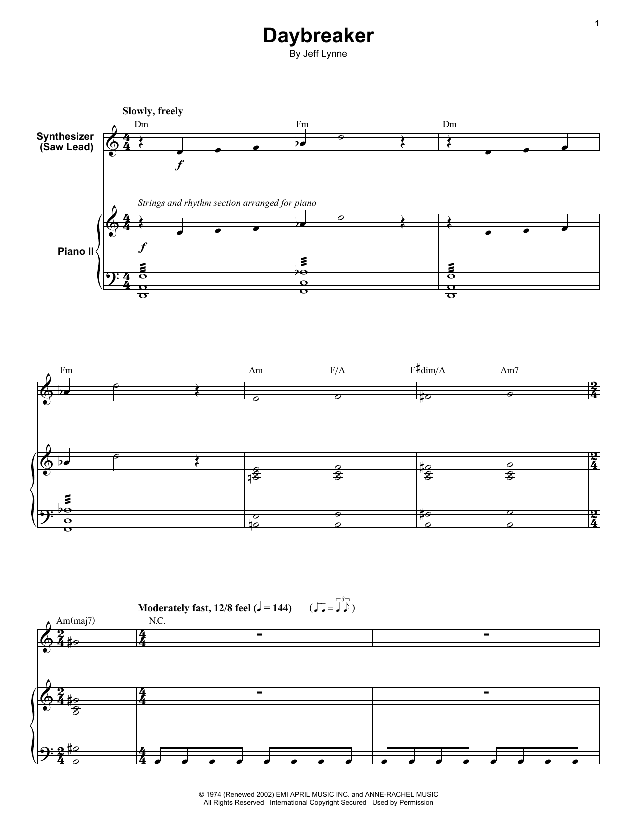 Download Electric Light Orchestra Daybreaker Sheet Music and learn how to play Keyboard Transcription PDF digital score in minutes